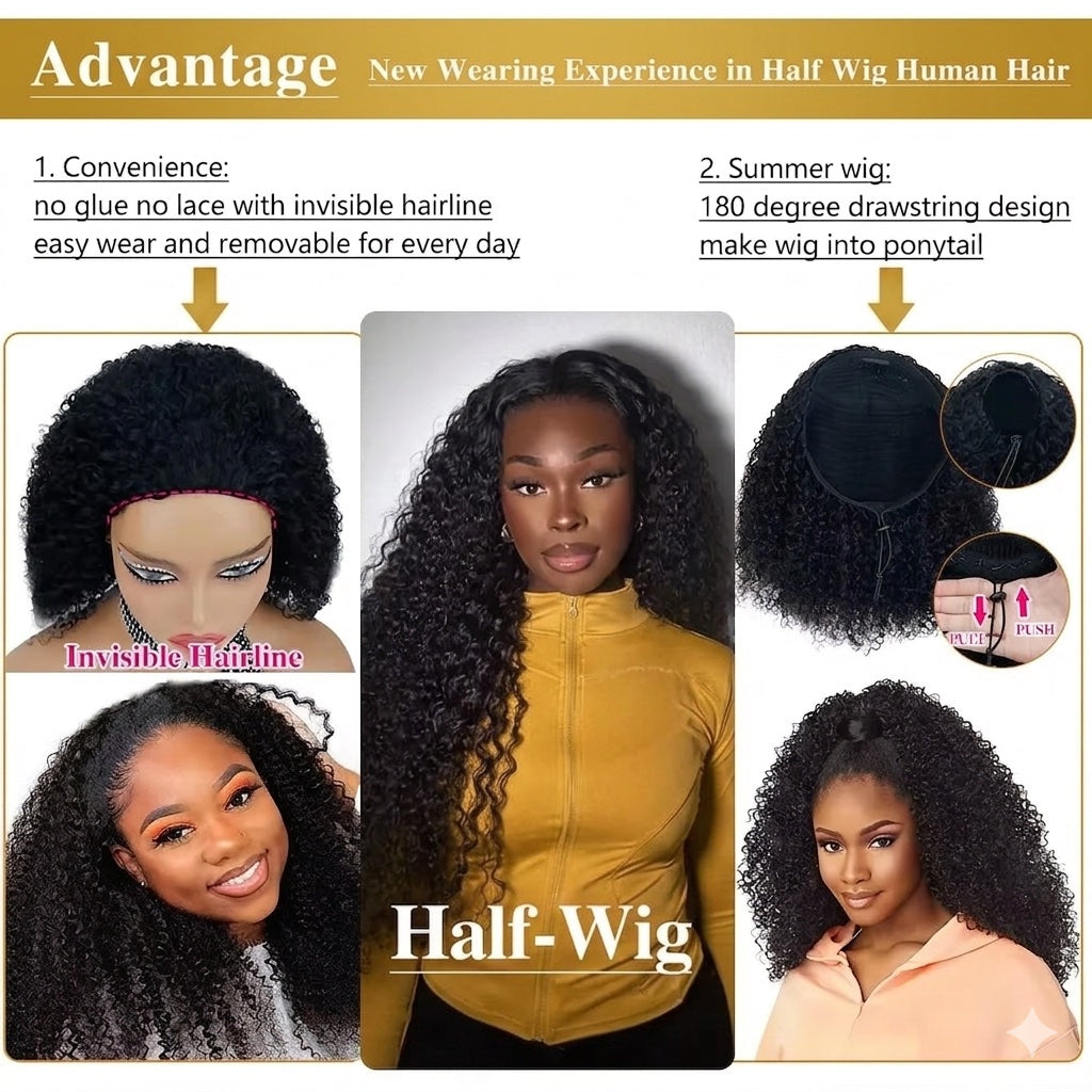 Glueless Curly Half Wig — 3 Styles in 1 | Real Hair | Ready in 2 Minutes